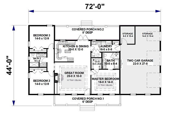 Floor Plan - Main Floor for Farmhouse House Plan #44-258 - 3 bed, 2 bath