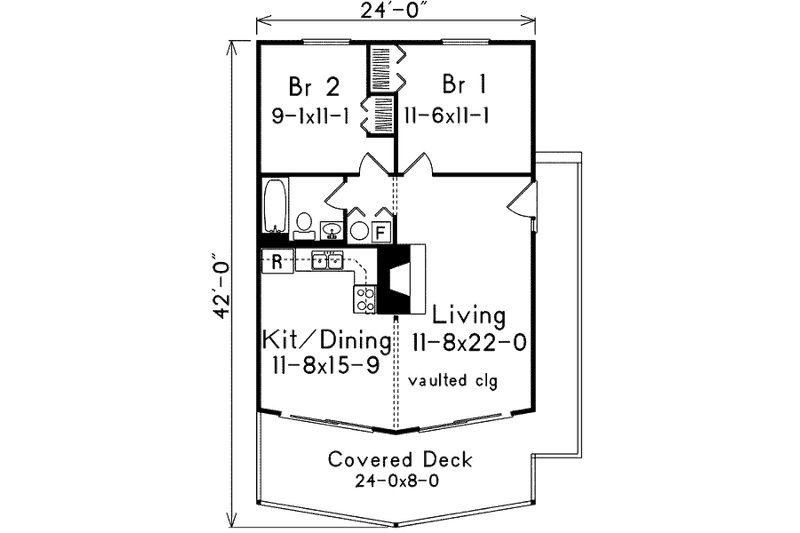 House Design - Floor Plan - Main Floor for Cabin House Plan #57-494 - 2 bed, 1 bath