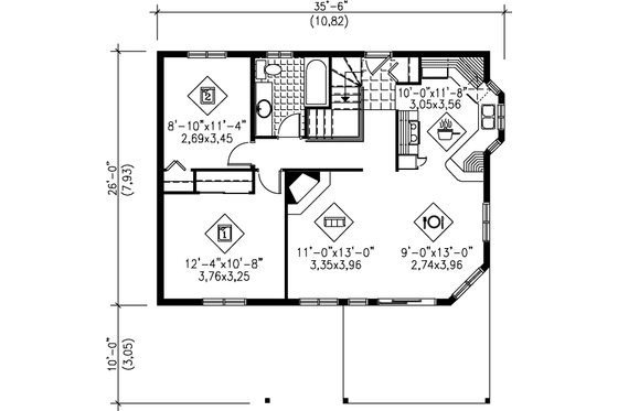 Floor Plan - Main Floor for Cottage House Plan #25-1108 - 2 bed, 1 bath