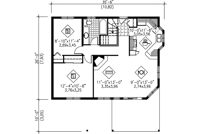 Architectural House Design - Floor Plan - Main Floor for Cottage House Plan #25-1108 - 2 bed, 1 bath