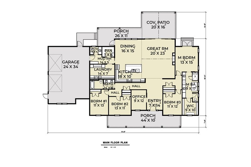 Home Plan - Floor Plan - Main Floor for Farmhouse House Plan #1070-85 - 4 bed, 2.5 bath
