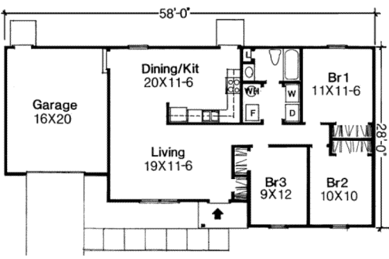 Floor Plan - Main Floor for Ranch House Plan #334-104 - 3 bed, 1 bath