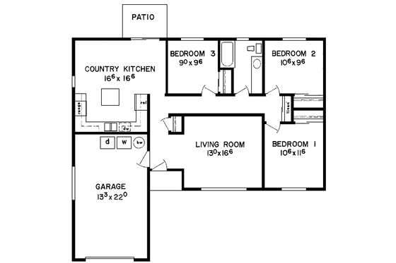Floor Plan - Main Floor for Ranch House Plan #60-850 - 3 bed, 1 bath
