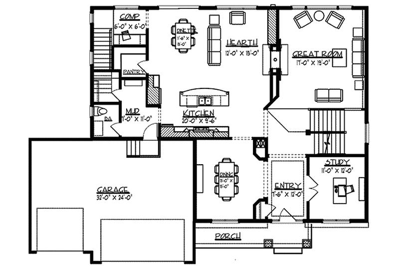 Home Plan - Floor Plan - Main Floor for Craftsman House Plan #320-1473 - 4 bed, 3.5 bath