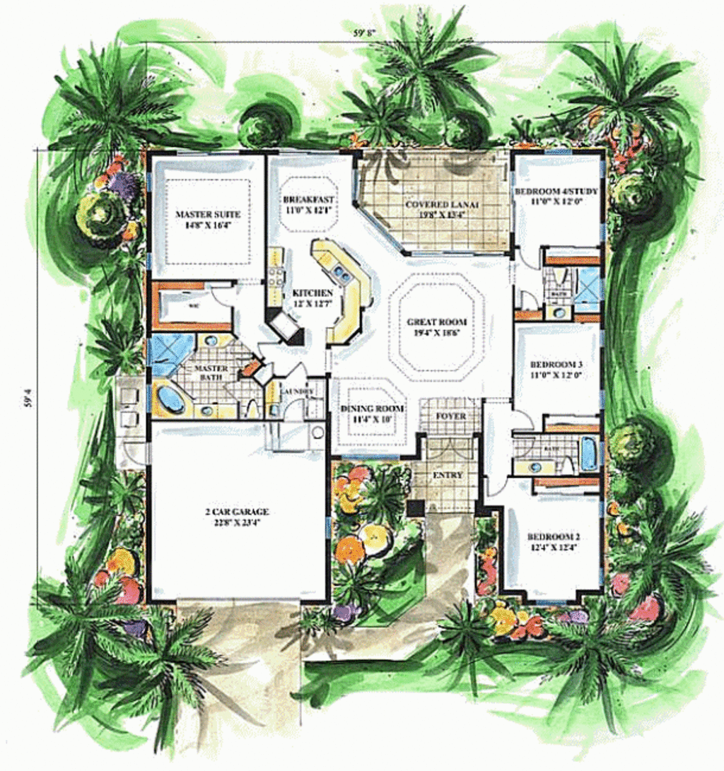 Mediterranean Style House Plan - 4 Beds 3 Baths 2259 Sq/Ft Plan ...