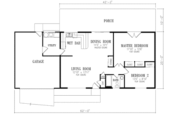 Floor Plan - Main Floor for Adobe / Southwestern House Plan #1-177 - 2 bed, 1 bath