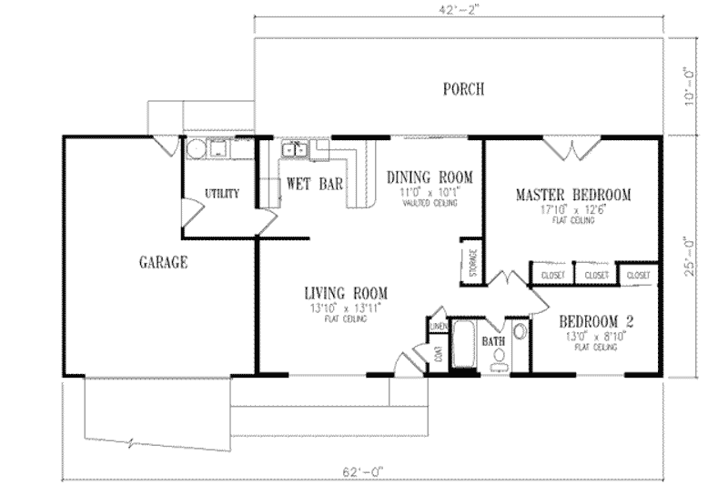 Architectural House Design - Floor Plan - Main Floor for Adobe / Southwestern House Plan #1-177 - 2 bed, 1 bath