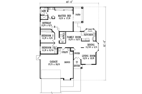 Floor Plan - Main Floor for Adobe / Southwestern House Plan #1-1304 - 3 bed, 2 bath