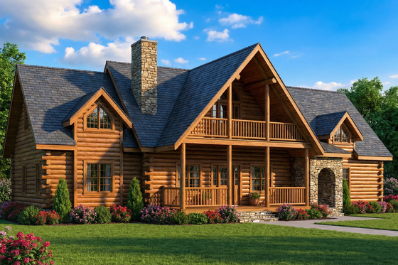 Exterior - Front Elevation for Log House Plan #17-2976 - 3 bed, 2 bath