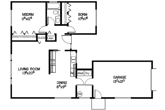Floor Plan - Main Floor for Ranch House Plan #60-674 - 2 bed, 1 bath