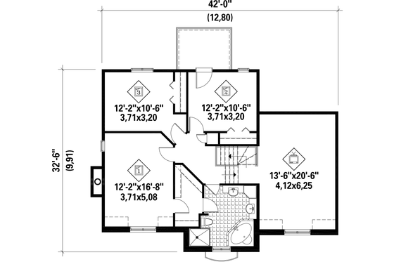 Floor Plan - Upper Floor for European House Plan #25-4862 - 3 bed, 1 bath
