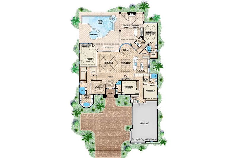 Architectural House Design - Floor Plan - Main Floor for Mediterranean House Plan #1017-165 - 4 bed, 4.5 bath