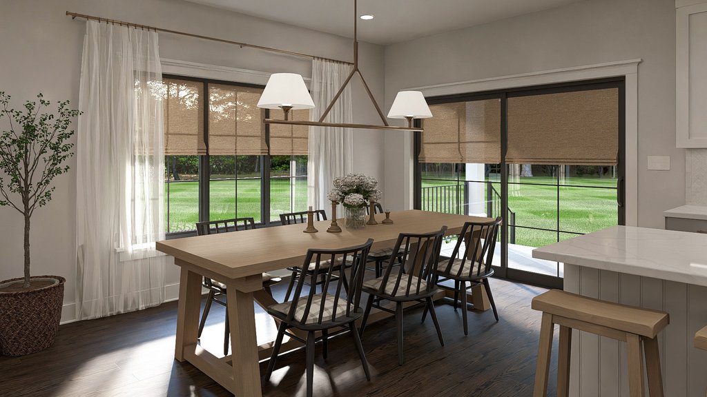 Dining room with large table and chairs and doors out to a porch.
