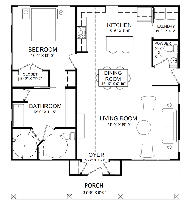 Home Plan - Floor Plan - Main Floor for Cottage House Plan #1123-6 - 1 bed, 1.5 bath