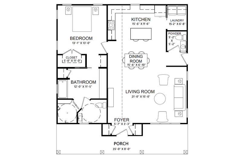 Home Plan - Floor Plan - Main Floor for Cottage House Plan #1123-6 - 1 bed, 1.5 bath