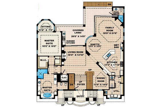 Floor Plan - Main Floor for Mediterranean House Plan #27-432 - 4 bed, 5.5 bath