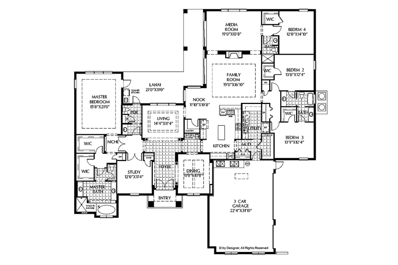 Home Plan - Floor Plan - Main Floor for Mediterranean House Plan #999-121 - 4 bed, 3.5 bath