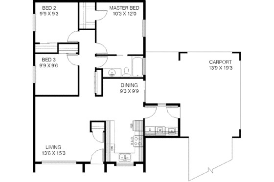 Floor Plan - Main Floor for Ranch House Plan #60-416 - 3 bed, 1 bath