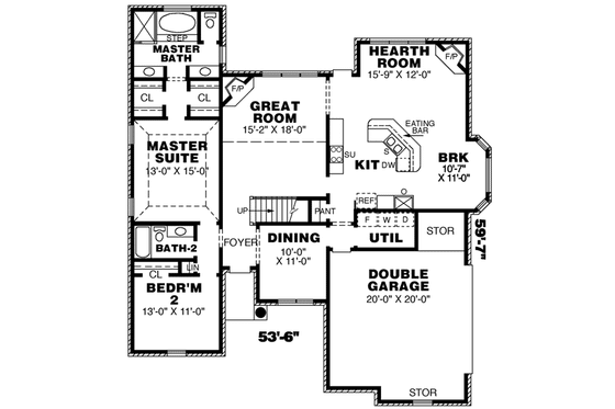 Floor Plan - Main Floor for Southern House Plan #34-168 - 3 bed, 3 bath
