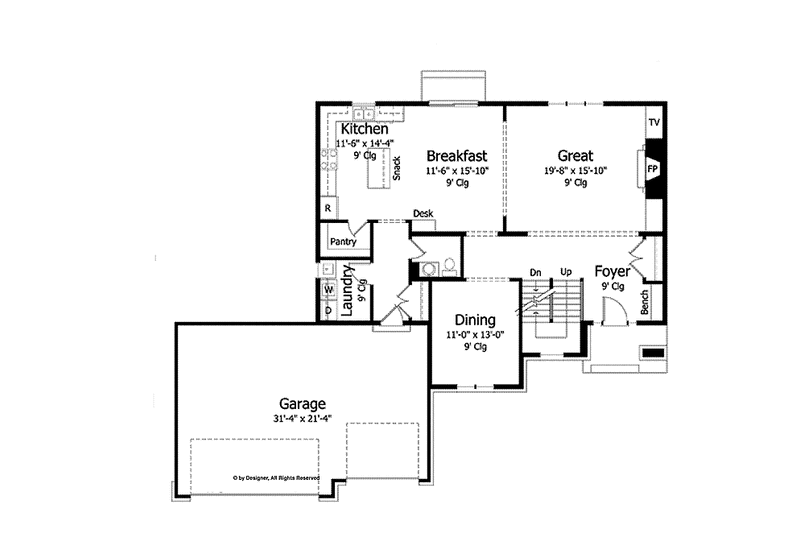 House Blueprint - Floor Plan - Main Floor for Colonial House Plan #51-1003 - 4 bed, 2.5 bath