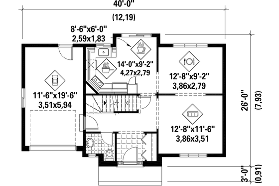 Floor Plan - Main Floor for European House Plan #25-4784 - 3 bed, 1 bath