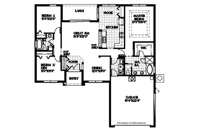 Home Plan - Floor Plan - Main Floor for Mediterranean House Plan #999-98 - 3 bed, 2 bath