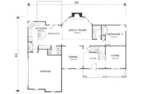 Floor Plan - Main Floor for Traditional House Plan #129-119 - 4 bed, 4 bath