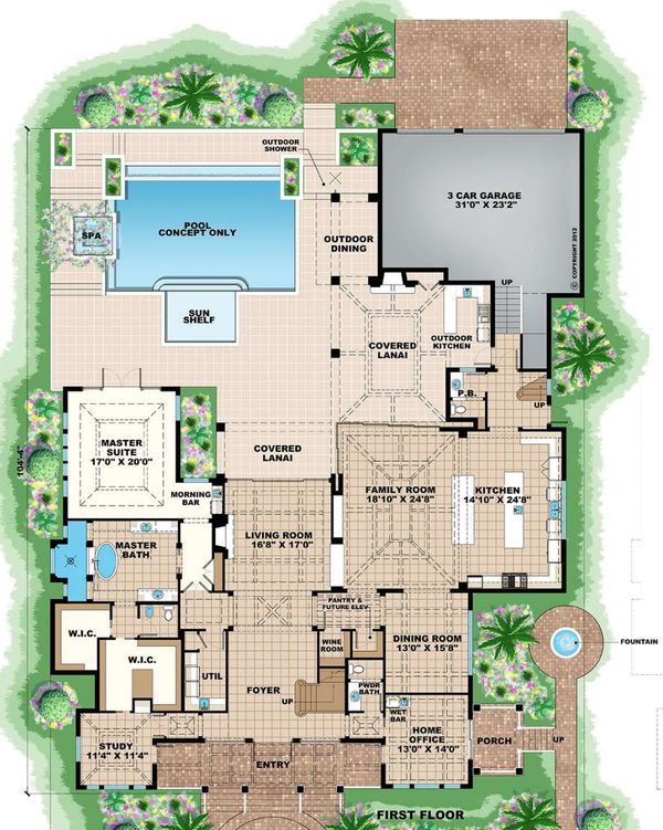 Mediterranean Style House Plan - 5 Beds 5.2 Baths 5653 Sq/Ft Plan #27 ...