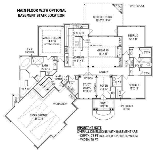 House Plan Design - Main Floor With Optional Basement Stairway