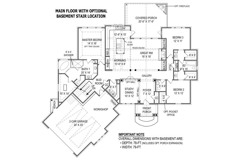 Architectural House Design - Main Floor With Optional Basement Stairway
