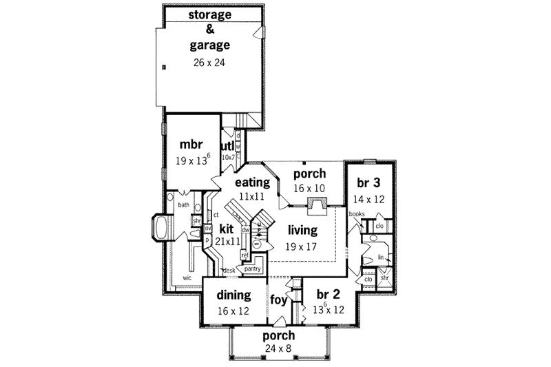 Dream House Plan - Floor Plan - Main Floor for Southern House Plan #45-200 - 3 bed, 2 bath