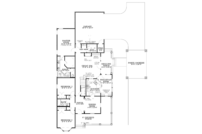 House Design - Floor Plan - Main Floor for Craftsman House Plan #17-2866 - 3 bed, 2 bath