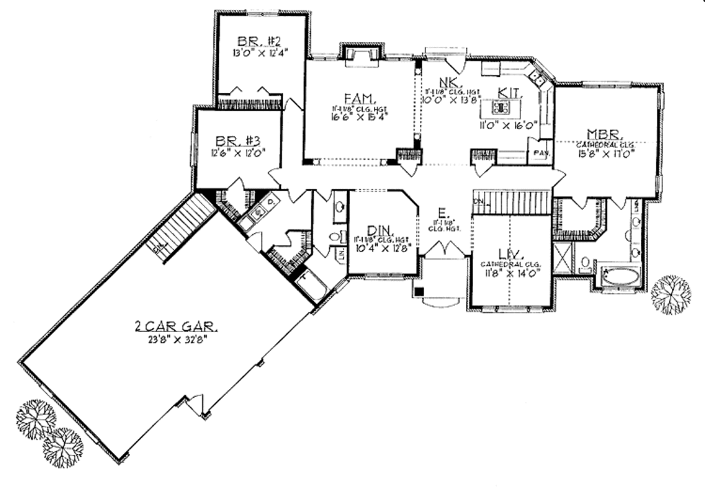 Beds 2 Baths 2350 Sq Ft Plan 70 1300, Ranch House Plans With Angled 3 Car Garage