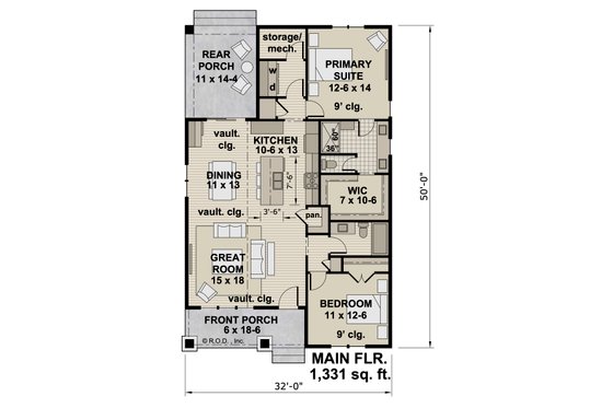 Floor Plan - Main Floor for Bungalow House Plan #51-1484 - 2 bed, 2 bath
