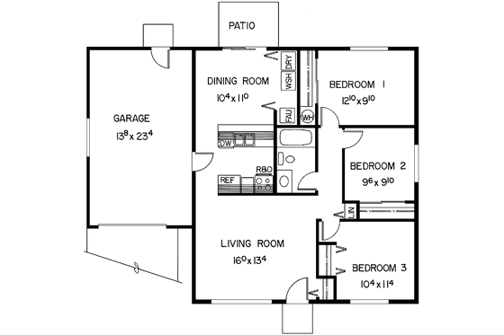 Floor Plan - Main Floor for Ranch House Plan #60-909 - 3 bed, 1 bath