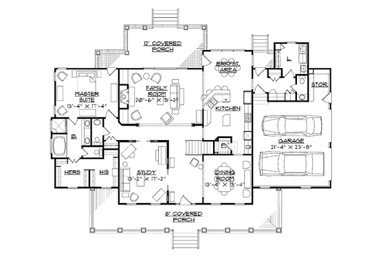 Floor Plan - Main Floor for Southern House Plan #1054-13 - 4 bed, 3 bath