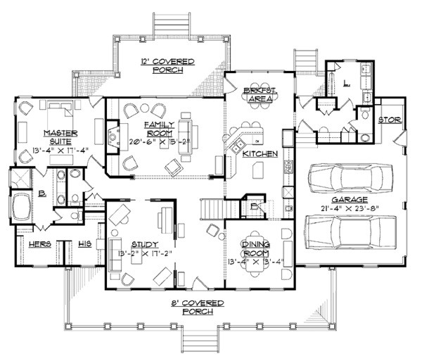 House Blueprint - Southern Floor Plan - Main Floor Plan #1054-13