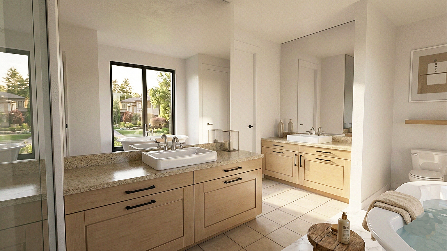 Large bathroom with two vanities and a tub under a window