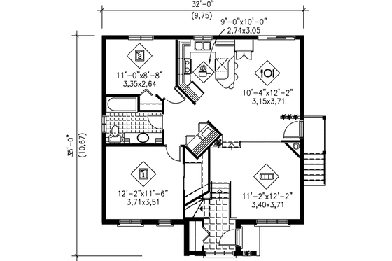 Floor Plan - Main Floor for Traditional House Plan #25-1180 - 2 bed, 1 bath