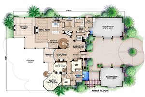 Mediterranean house plan, main level floor plan