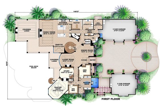 Mediterranean house plan, main level floor plan