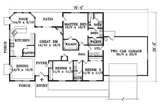 Floor Plan - Main Floor for Adobe / Southwestern House Plan #1-1399 - 3 bed, 2 bath