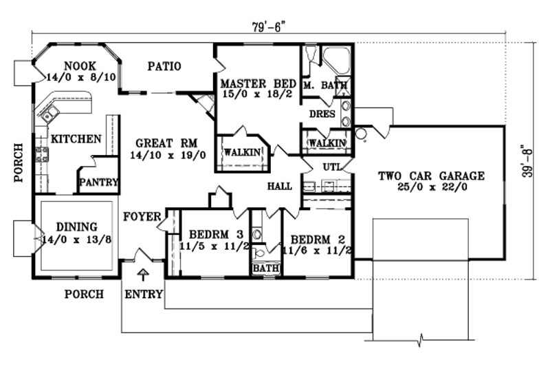 Architectural House Design - Floor Plan - Main Floor for Adobe / Southwestern House Plan #1-1399 - 3 bed, 2 bath
