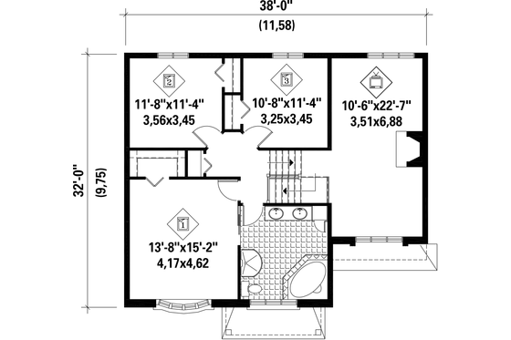 Floor Plan - Upper Floor for European House Plan #25-4848 - 3 bed, 1 bath