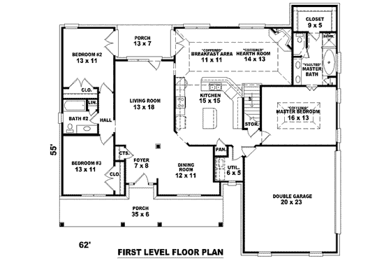 Floor Plan - Main Floor for Southern House Plan #81-1028 - 3 bed, 2 bath