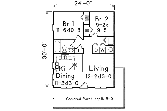 Floor Plan - Main Floor for Ranch House Plan #57-239 - 2 bed, 1 bath