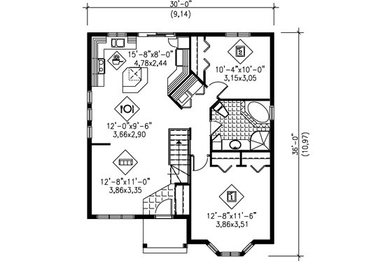 Floor Plan - Main Floor for European House Plan #25-170 - 2 bed, 1 bath