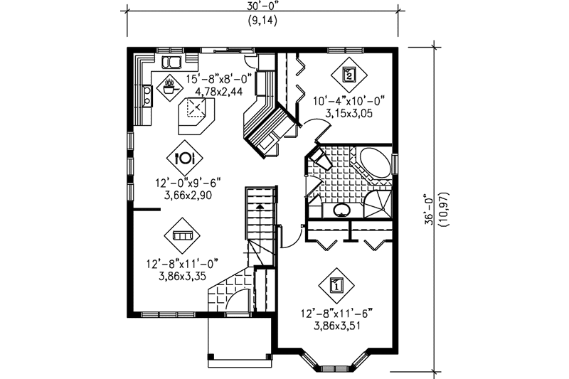 House Blueprint - Floor Plan - Main Floor for European House Plan #25-170 - 2 bed, 1 bath
