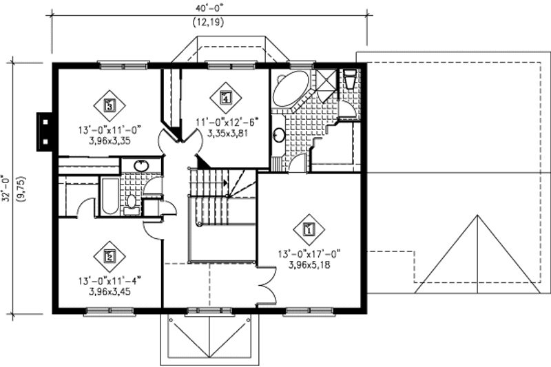 House Blueprint - Floor Plan - Upper Floor for Colonial House Plan #25-2196 - 4 bed, 2.5 bath