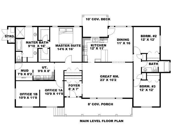 Floor Plan - Main Floor for Bungalow House Plan #117-1094 - 3 bed, 2 bath